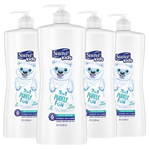 Suave Kids 3-in-1 Shampoo Conditioner Body Wash Purely Fun Makes Bath Time Quick and Easy, Paraben Free and Dermatologist Tested Kids Shampoo 3 in 1 Formula 28 Fl Oz ( Pack of 4 )