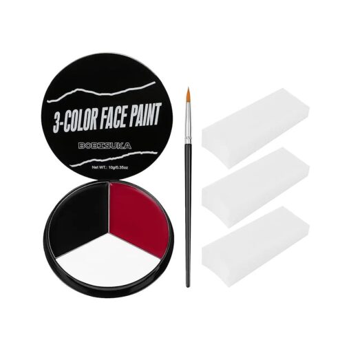 Black White Red Face Paint + 3PC Sponge + Brush, Colored Eye Black for Baseball Softball Sport Games, Body Painting Kit for Halloween Clown Makeup, Cosplay, Costume, SFX Special Effect, Theme Parties