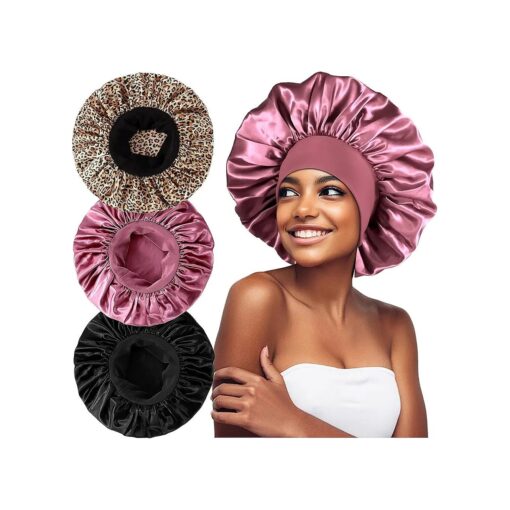 3PCS Extra Large Satin Bonnets for Sleeping, Hair Bonnets for Black Women Braids Curly Hair, C