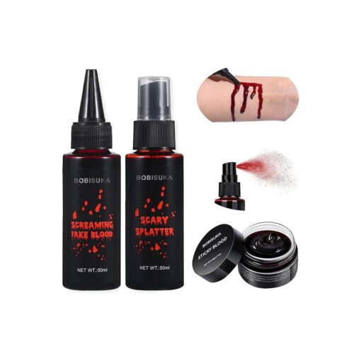 BOBISUKA 3PCS Halloween Fake Blood Makeup Kit - Coagulated Blood 1.41oz + Fake Blood Spray 1.76oz + Dripping Blood 1.76oz, Realistic Washable Special Effects SFX Makeup Set, for Zombie Vampire Monster