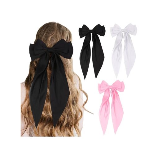 3 PCS Black, White, Pink Bow Hair Clips - Barrettes and Ribbons for Cute Accessories