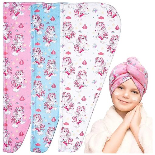 Kids Hair Towel Wrap for Girls, 3Pack Unicorn Microfiber Hair Towel for Kids Hair Towel Wrap with Button Super Water Absorbent Microfiber Towel for Hair Soft Hair Turbans for Kids Wet Hair