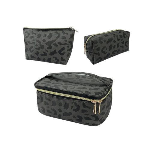 3Pcs Makeup Bag, Travel Makeup Bag, Makeup Bags for Women, Makeup Brush Bag, Large Capacity PU Cosmetic Bag, Waterproof and Durable-Black Grey Leopard Cheetah Pattern