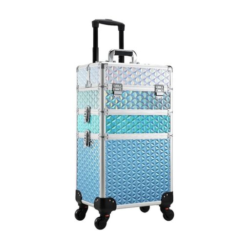 Adazzo Professional Rolling Makeup Train Case 3 in 1 Aluminum Trolley Case with 360deg Rotation Wheels for Makuep Artist Cosmetic Suitcase Organizer with Lock and Key Diamond Pattern - Turquoise Cascade