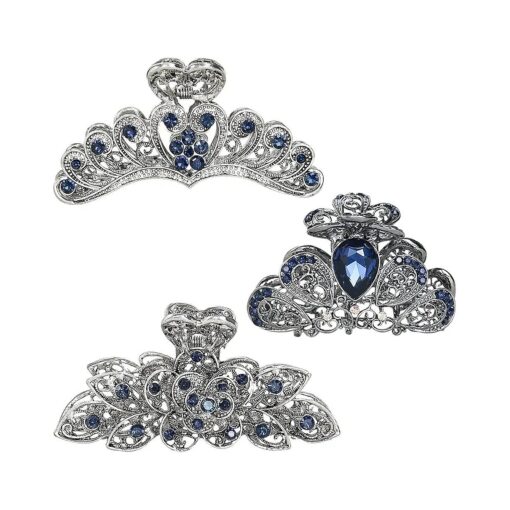 kilofly 3pc Women 's Rhinestone Crystal Large Clip Claw Thick Hair Metal Barrettes