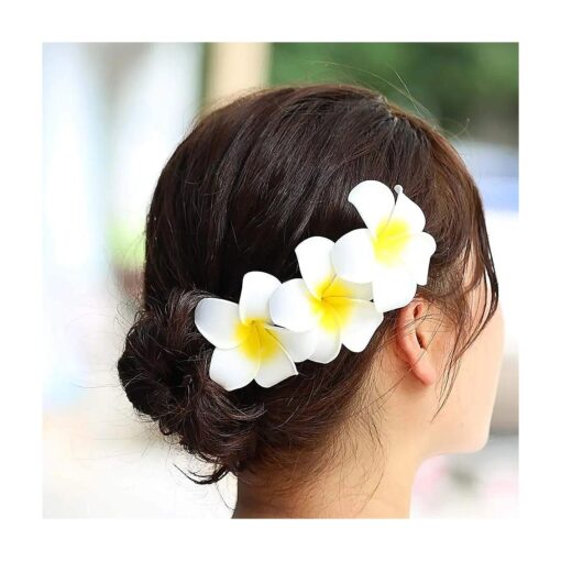 Zoestar Hawaii Plumeria Flower Hair Clips 3pcs Beach Flower Foam Hair Accessory for Women and Girls ( A-White )