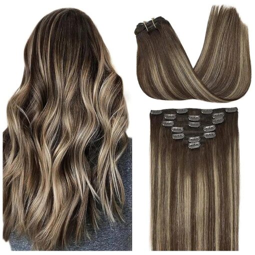 GOO GOO Clip in Hair Extensions Real Human Hair, 20inch 120g 7Pcs, 4/26/4 Balayage Chocolate Brown to Honey Blonde, Remy Human Hair Extensions Clip ins for Women, Natural Human Hair