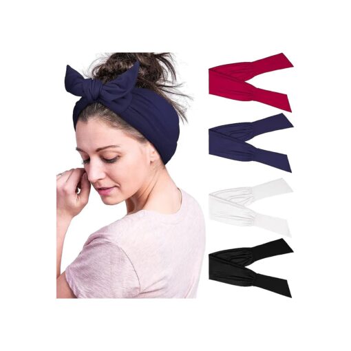 4 Pieces Adjustable Headbands for Women Knotted Headbands Elastic Non-Slip head tie up headband Knotted Hairband Twist Bow Wire Headbands Head Wrap for Women Girls ( Black, White, Wine Red, Navy Blue )