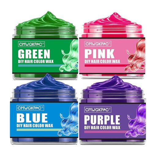 4 Colors Temporary Hair Color Wax, Blue Purple Pink Green Hair Dye Color Wax Washable Natural Instant Hair Color Cream for DIY Hairstyle for Kids Men Women Halloween Party