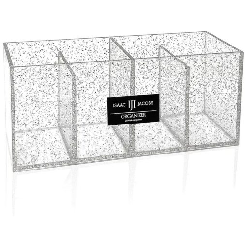 Isaac Jacobs 4-Compartment Clear Acrylic Organizer- Makeup Brush Holder- Storage Solution- Office, Bathroom, Kitchen Supplies and More ( 4 Compartment, Silver Glitter )