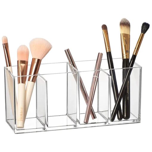 Amazing Abby - Glamour - Acrylic 4-Compartment Makeup Organizer, Transparent Plastic Makeup Brush Holder, Perfect Bathroom Vanity Storage Solution for Makeup Brushes, Eyebrow Pencils, and More