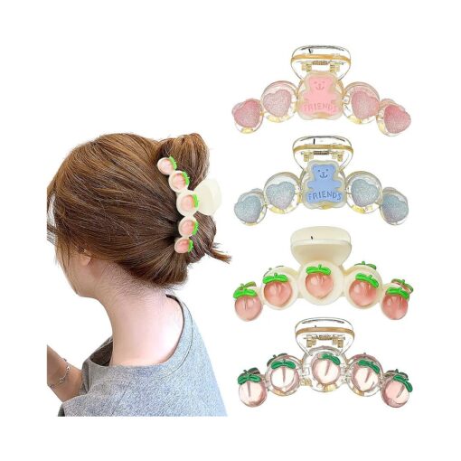 4 Pcs Hair Claw Clips, Warm Color Heart Sweet Bear Peach Shape Large Hair Claw Clips for Women Girls Thin Thick Curly Hair Blue Transparent Pink 4 Count ( Pack of 1 )