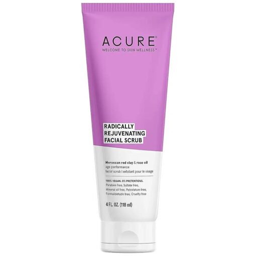 Acure Radically Rejuvenating Facial Scrub - Anti-Aging Support Face Scrub - Mild Exfoliation - Moroccan Red Clay & Rose Oil Extract - Hydrate, Toning & Moisturize - 4 Fl Oz