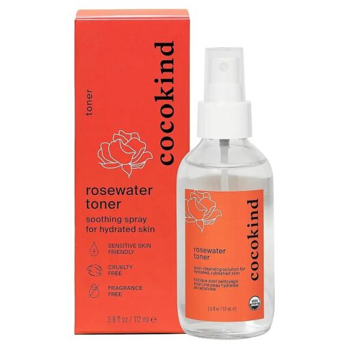 Rosewater Facial Toner by Cocokind, Multipurpose Spray to Set Makeup, Double Cleanse, and Balance Skins pH, Made with Rose Hydrosol, 4 Fl Oz