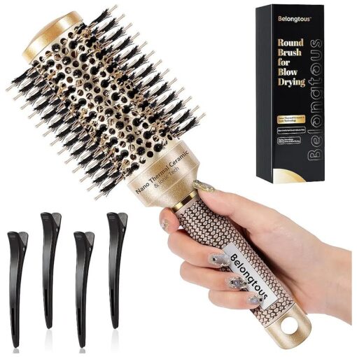 Round Brush, Nano Thermal Ceramic & Ionic Tech Round Barrel Boar Bristles Hair Brush, Roller Brush for Blow Drying, Curling, Straightening and Hair Styling, 4 Free Clips ( 1.7 Inch, 45mm )