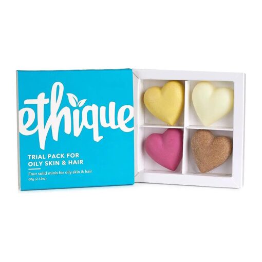 Ethique Trial Pack for Oily Skin & Hair - Shampoo, Conditioner, Face Cleanser & Body Butter - Plastic-Free, Vegan, Cruelty-Free, Eco-Friendly, 4 Travel Bars, 2.12 oz ( Pack of 1 )