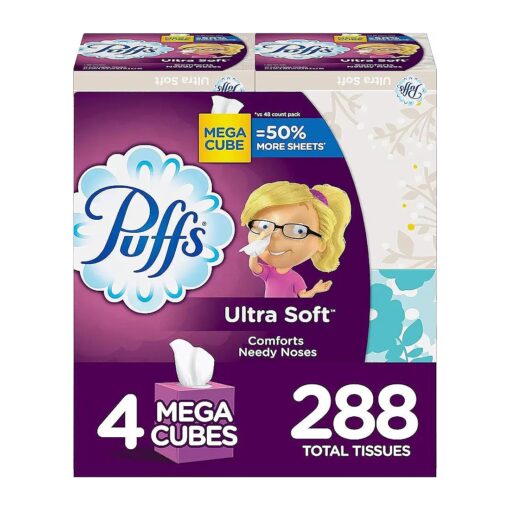 Ultra Soft Non-Lotion Facial Tissues, 4 Mega Cube Boxes ( 288 Total Tissues )