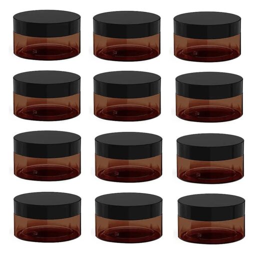 4 oz Amber Plastic Cosmetic Jars Leak Proof Container with Black Lid for Cream, Lotion, Powder, ointment, Beauty Products etc, 12 Pcs .