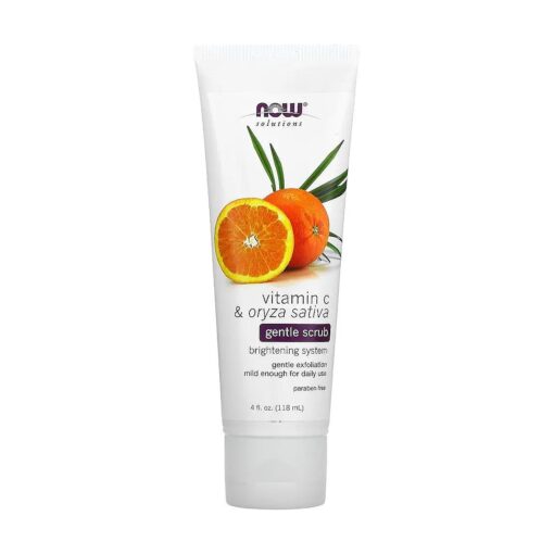 NOW Solutions, Vitamin C and Oryza Sativa Gentle Scrub, Brightening System, Gentle Mild Exfoliation for Daily Use 4-Ounce