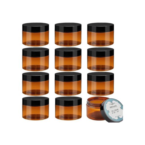 Qeirudu 4 oz Amber Plastic Jars with Lids and Labels, 12 Pack Empty Brown Body Butter Containers for Cosmetic Beauty Products, Body Scrub, Creams and Lotion