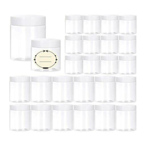 TUZAZO 24 Pack Empty Plastic Slime Containers with Lids and Labels - 12pcs 8 OZ and 12pcs 4 OZ Small Plastic Jars for Lotion, Cream, Ointments, Makeup, Glitters, Samples, Travel Storage