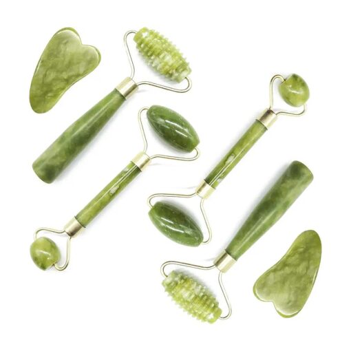 TIHOOD 6PCS Massage Tools Kits, 4 PCS Jade Roller Facial Ridged Roller Kits Skin Roller with 2 Pieces Scraping Massage Tools Anti Aging and Wrinkles for Face, Eye, Neck, Body for Lymphatic Massage