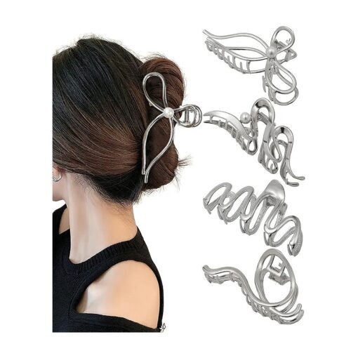 HAIMEIKANG 4 PCs Metal Hair Claw Clips for Women - Irregular Large Hair Clips for Thick Hair Thin Hair Non-Slip Hair Styling Accessories for Women Girls ( Silver Hair Clips )