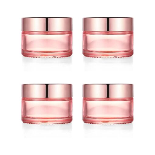 4 Pack,1 oz/30ml Pink Glass Face Cream Jar Pot, Empty Thick Glass Cosmetic Cream Jar Container With Rose-Golden Cover, Inner Liners for Moisturizer, Eyeshadow, Makeup Emulsion