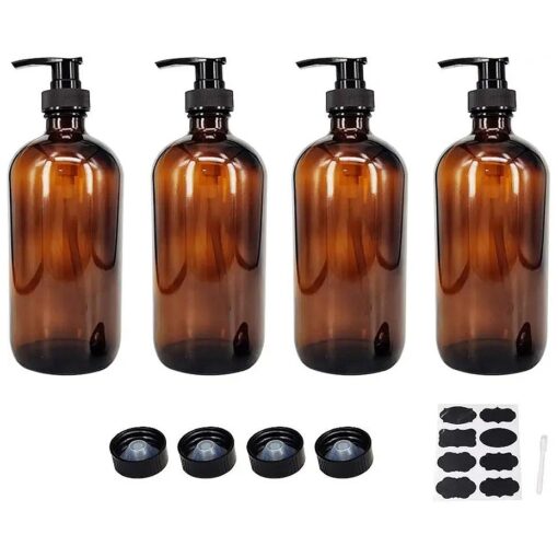 4 Pack 16 oz Amber Glass Bottles with Pumps for Shampoo, Essential Oils, Cleaning Products, Lotions, Aromatherapy Oil, Pump Bottles, Refillable Containers with Cap, 8 Chalk Labels, 1 Pen