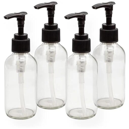 Cornucopia 4oz Clear Glass Pump Bottles ( 4 Pack ) ; Refillable Glass Containers w/Black Plastic Soap/Lotion Pump Dispensers