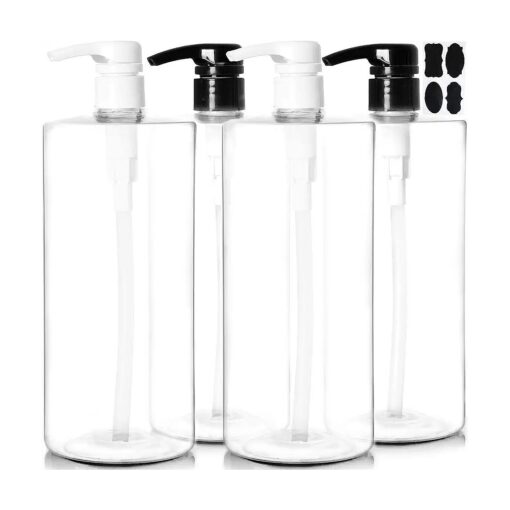 Youngever 4 Pack Pump Bottles for Shampoo 32 Ounce ( 1 Liter ), Empty Shampoo Pump Bottles, Plastic Cylinder with Lockdown-Leak Proof-Pumps