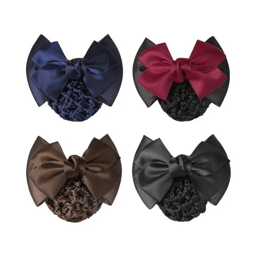 TXIN 4 Pieces Women Hair Snood Net Bowknot Decor Barrette Elastic Mesh Hair Bun Cover Satin Bow Crochet Hairnet Professional Hair Clip Hairpin for Women Girls Working Styling Accessories, 4 Colors