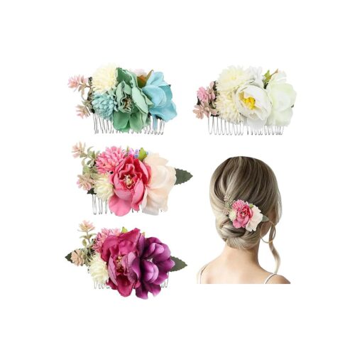 Lawie 4 Pack Artificial Flower Metal Hair Side Combs Slide Hair Clips With Teeth Floral Hair Bows Hairpins Grips Barrettes Clamps Headpieces for Women Girls