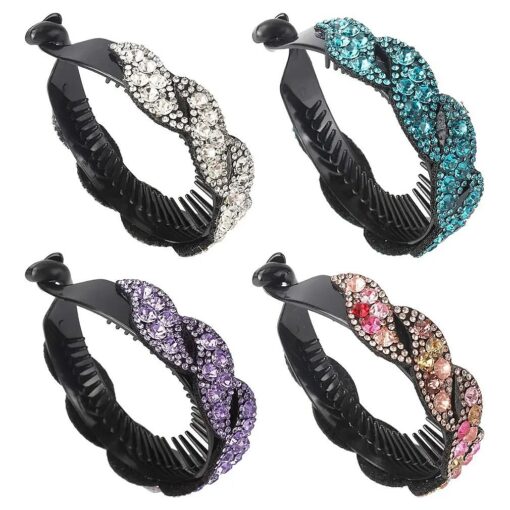 Lawie 4 Pack Big Rhinestone Gem Jeweled Glitter Sparkly Leaf Plastic Banana Hair Claws Clips Clutcher Jaw Barrettes Grips Clamps Ponytail Bun Chignon Twist Holder Thick Hair Accessories for Women Girl