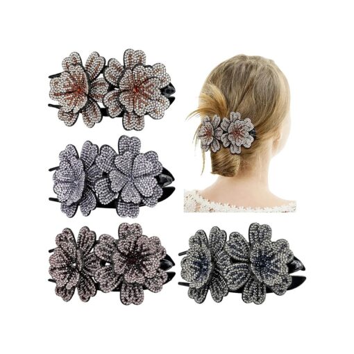 inSowni 4 Pack Luxury Fancy Gems Korean Decorative Glitter Sparkly Crystals Rhinestones Double Flower Hair Claws Clips Plastic Barrettes Hairpin Clamps Hair Accessories for Women Girls Thick Long Hair