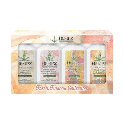 Hempz Fresh Fusion ( 2.25 Oz 4 Pack ) Sugar Cane & Papaya, Pink Pomelo & Himalayan Sea Salt, Pink Citron & Mimosa Flower, Citrine Crystal & Quartz Moisturizer - Mini Travel Lotion for Women or Men