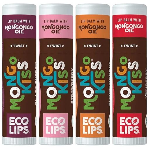 Eco Lips Mongo Kiss Organic Lip Balm 4 Pack Blood Orange, Yumberry, Strawberry Lavender, Black Cherry - 100 Percent USDA Organic - Soothe, Moisturize Dry