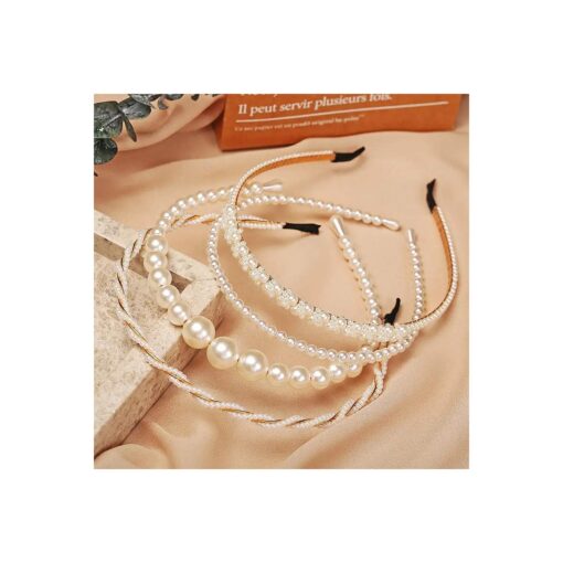 BEAYFILY 4 Pack Pearls Fashion Headbands, White Artificial Pearl Rhinestones Hairbands, Bridal Hair Hoop Party Wedding Hair Accessories for Women Girls