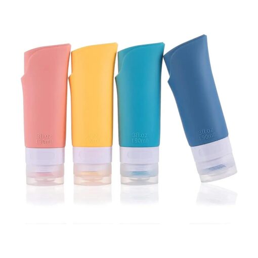 4 Pcs Silicone Travel Bottles,3oz Leak Proof Liquid Squeeze Refillable Portable Travel Size Bottles, BPA Free, Travel Accessories Cosmetic Containers for Toiletries Shampoo Conditioner Lotion