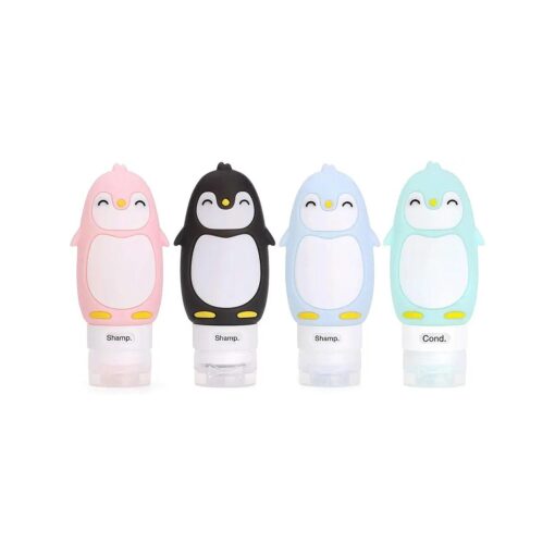 AUTENS Leakproof Silicone Travel Bottles Accessories Set,3oz ( 90ml ) 4 Pack Refillable Cute Penguin Travel Containers for Shampoo, Lotion Sunscreen ect, - TSA Approved & BPA Free