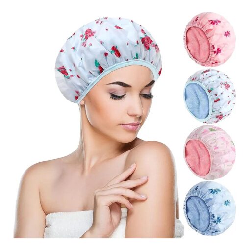 4 Pcs Terry Lined Reusable Bath Caps for Women Waterproof EVA Soft Bath shower caps for Hair Care Dry Hair Women Ladies Girls Spa Salon ( Flower and Cherry )