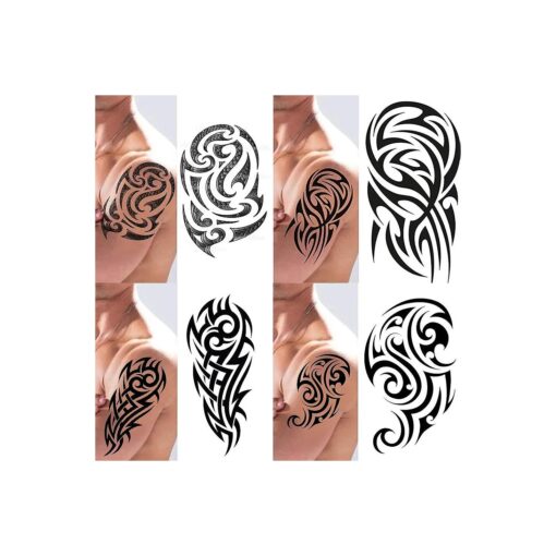 4 Pack Stick on black temporary tattoo maui tribal body art sticker transfer for arms shoulder aztec polynesian samoan hawaiian for adult men and women ( 4 x all tribal tattoo designs )