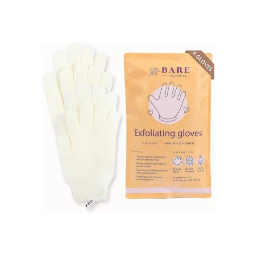 Bare Botanics 4 Pack White Exfoliating Gloves for Shower | 100 % Nylon Fibers | Exfoliating Bath Gloves for Shower Exfoliating | Shower Gloves & Dead Skin Remover for Body | Wet & Dry Exfoliating Glove