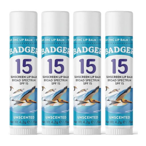 Badger Sunscreen Lip Balm SPF 15, Organic Mineral Sunscreen SPF Lip Balm with Zinc Oxide, Reef Friendly, Broad Spectrum, Water Resistant, Unscented, 15 oz ( 4 Pack )