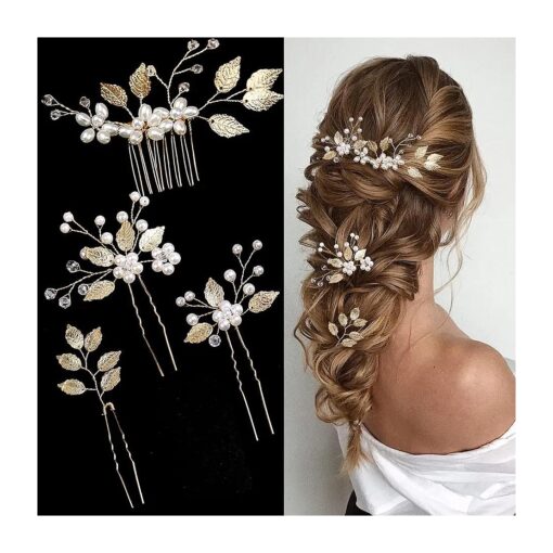 4 Pieces Bridal Wedding Hair Pins Gold Leaf Crystal Pearl Hair Pins Clips Flower Headpiece Vintage Wedding Hair Accessories for Brides Bridesmaids Women Girls