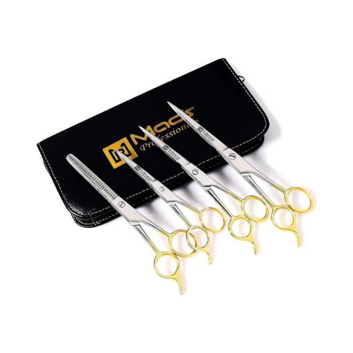 Macs Barber Scissor Hair Cutting Scissors Set Contain 4 PCs With Half Gold Plated 5.5" + 6.5" +7.5" Shears With 6.25" Texturizing Shears M/O/High Grade Stainless Steel with Black Leather Case-15001