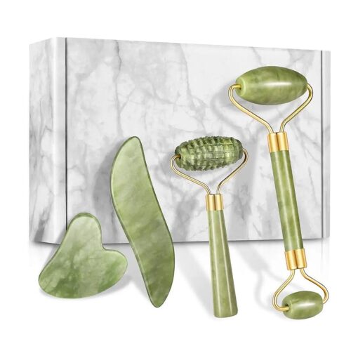 4-pcs Jade Roller & Gua Sha Set, Facial Roller Massager with Gua Sha Scraping Tool, Jade Stone Massager for Anti-aging, Slimming & Firming, Rejuvenate Face and Neck, Remove Wrinkles & Eye Puffiness