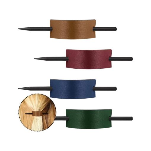 4 pieces Leather Hair Barrette with Stick Leather Hair Accessories Hair Barrettes Stick Hair Clip Hair Stick Ponytail Hair Pin for Women Long Hair,4 Colors ( Khaki, Royalblue, Dark Green, Rose Red )