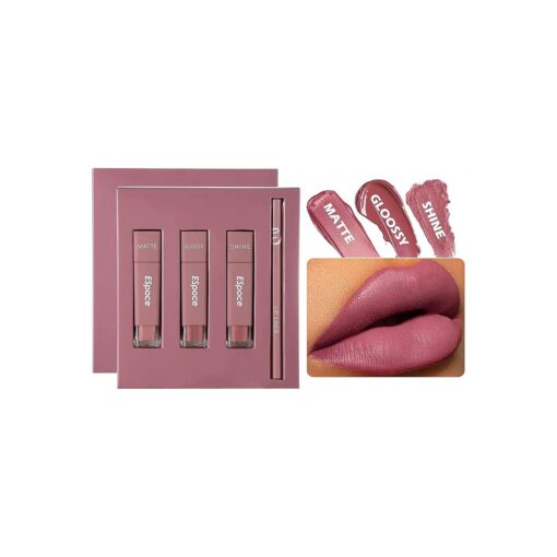 Lipstick and Lip Liner Set, 4 Pcs Matte Glossy Shiny Lip Gloss and Lip Liner Kit, Non-Sticky and Long Lasting