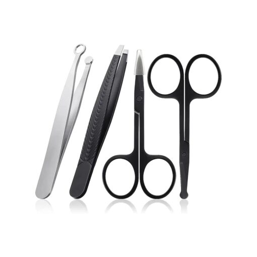 Honoson 4 Pieces Nose Hair Tweezers Nose Hair Trimming Tweezers Stainless Steel Round Head Tweezers Hair Scissors Curved Nose Hair Scissors Hair Tweezer Tools for Men Women Manicure